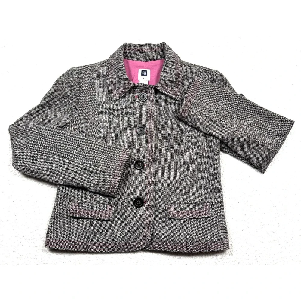 Gap Wool Blend Tweed Jacket‎ Coat Womens 6 XS Black Houndstooth Pink Speckles